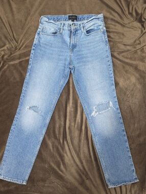 Light Blue Straight Leg Distressed Jeans — Women